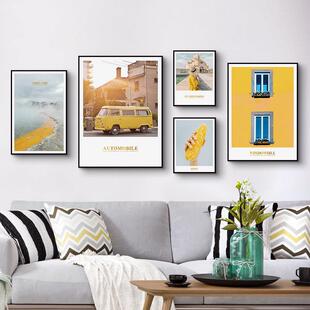 鳟鱼客厅风景画五连幅挂墙装饰画组合不规则多幅背影墙沙发后背画