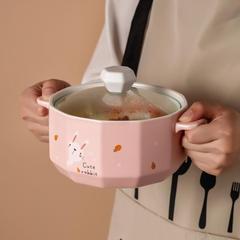 粉色双耳陶瓷泡面碗带盖防烫学生宿舍易清洗玻璃碗单个可爱面碗