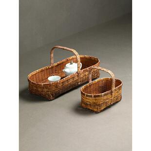 竹编复古手提篮子精编迷你茶具收纳篮手工编织水果篮紫竹小收纳筐