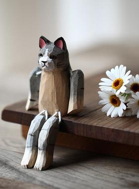 手工雕刻木雕猫咪摆件可爱小动物木质小玩意木制桌面礼物工艺品