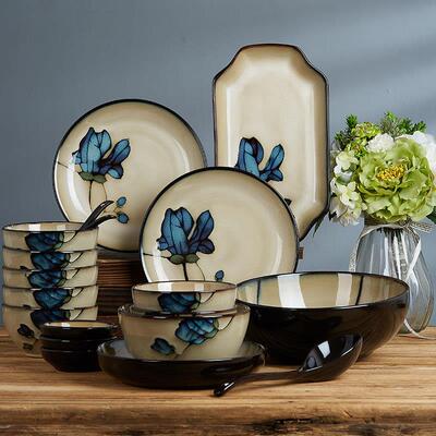 玉泉碗碟套装家用中式覆古窑变釉饭碗餐盘4/6/10人碗盘子组合餐具