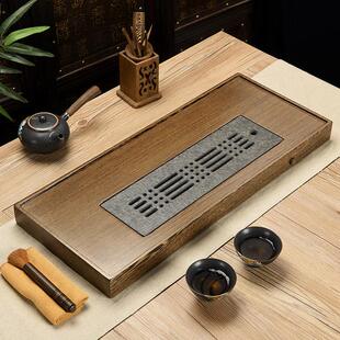 整块鸡翅木茶盘储水式茶台家用长方形排水茶海乌金石茶盘简约初心