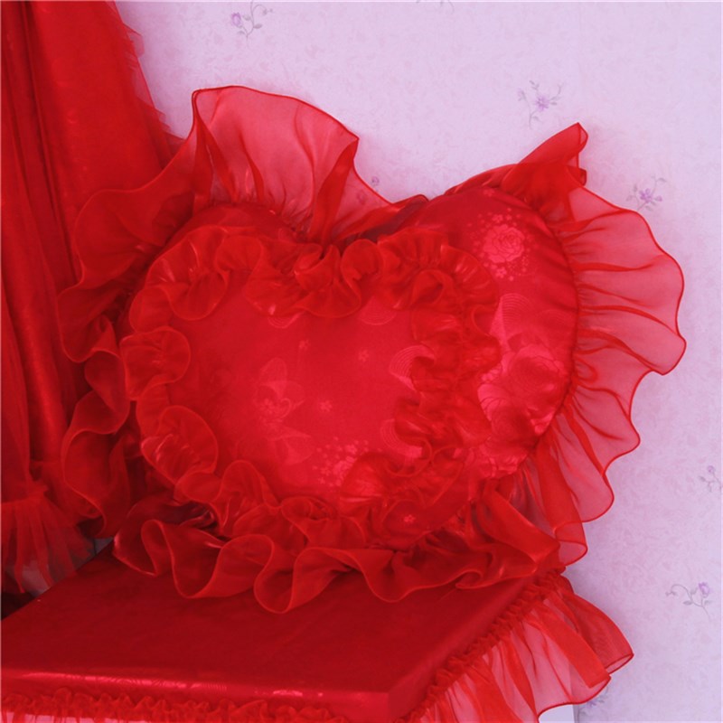 韩式 贡缎 粉色蕾丝 心形抱枕 方形抱枕 含芯 婚庆靠背枕