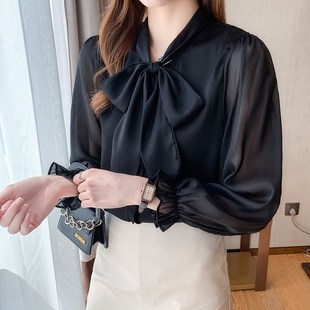 加小码XXXS女装小矮个子娇小显高秋装蝴蝶结雪纺长袖衬衫飘带衬衣