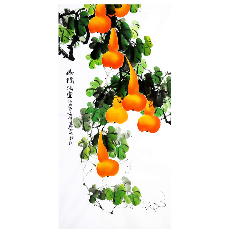 客厅五福临门葫芦招财玄关画挂画墙画进门入户自粘布画竖版画芯