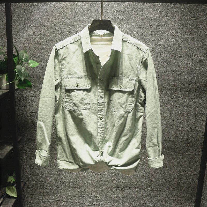Hi man复古工装风衬衫韩国双口袋纯棉文艺土黄色衬衣长袖外套男士