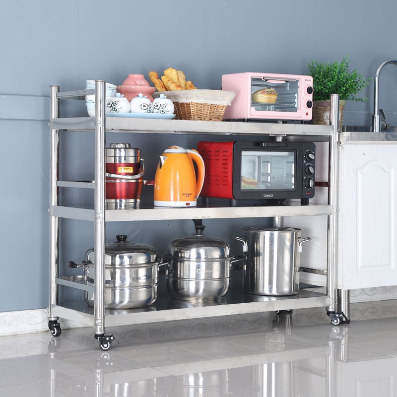 厨房不锈钢置物架微波炉架烤箱架可移动收纳架家用三层带围栏轮子