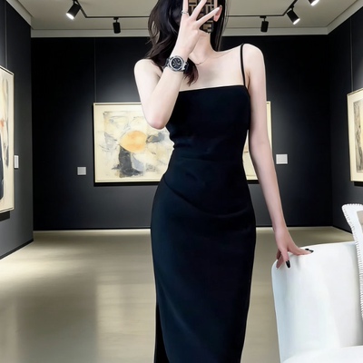 黑色夏季辣妹收腰显瘦吊带长裙