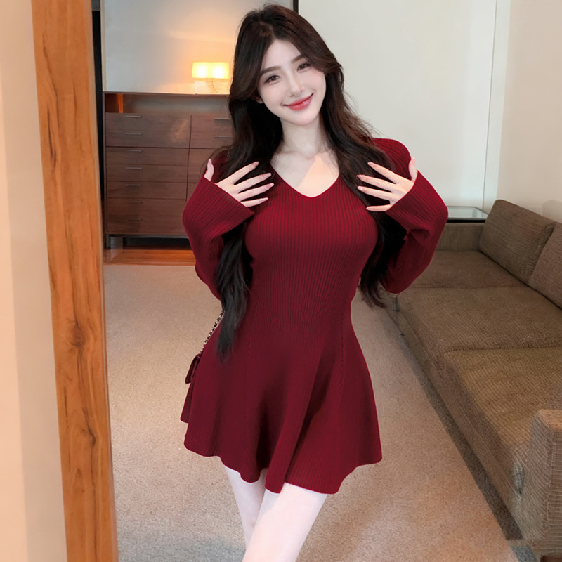 法式气质针织连衣裙冬春季大码女装胖mm独特漂亮气质显瘦连衣长裙