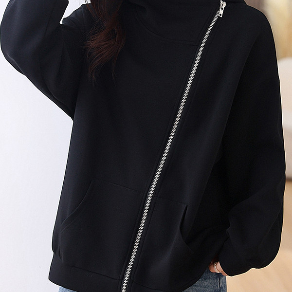 外套女装冬黑色连帽拉链加绒卫衣外套巨好看的宽松慵懒风初冬外套
