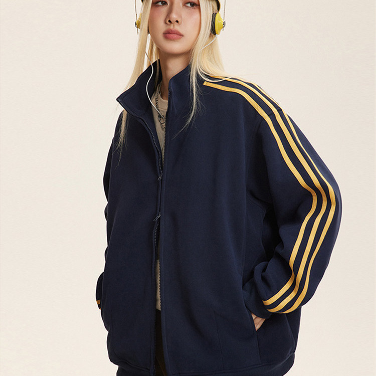 美式运动风立领撞色条纹夹克女