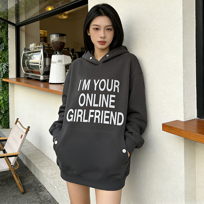 字母印花连帽卫衣女秋冬新款加绒宽松中长款慵懒风遮屁股外套上衣