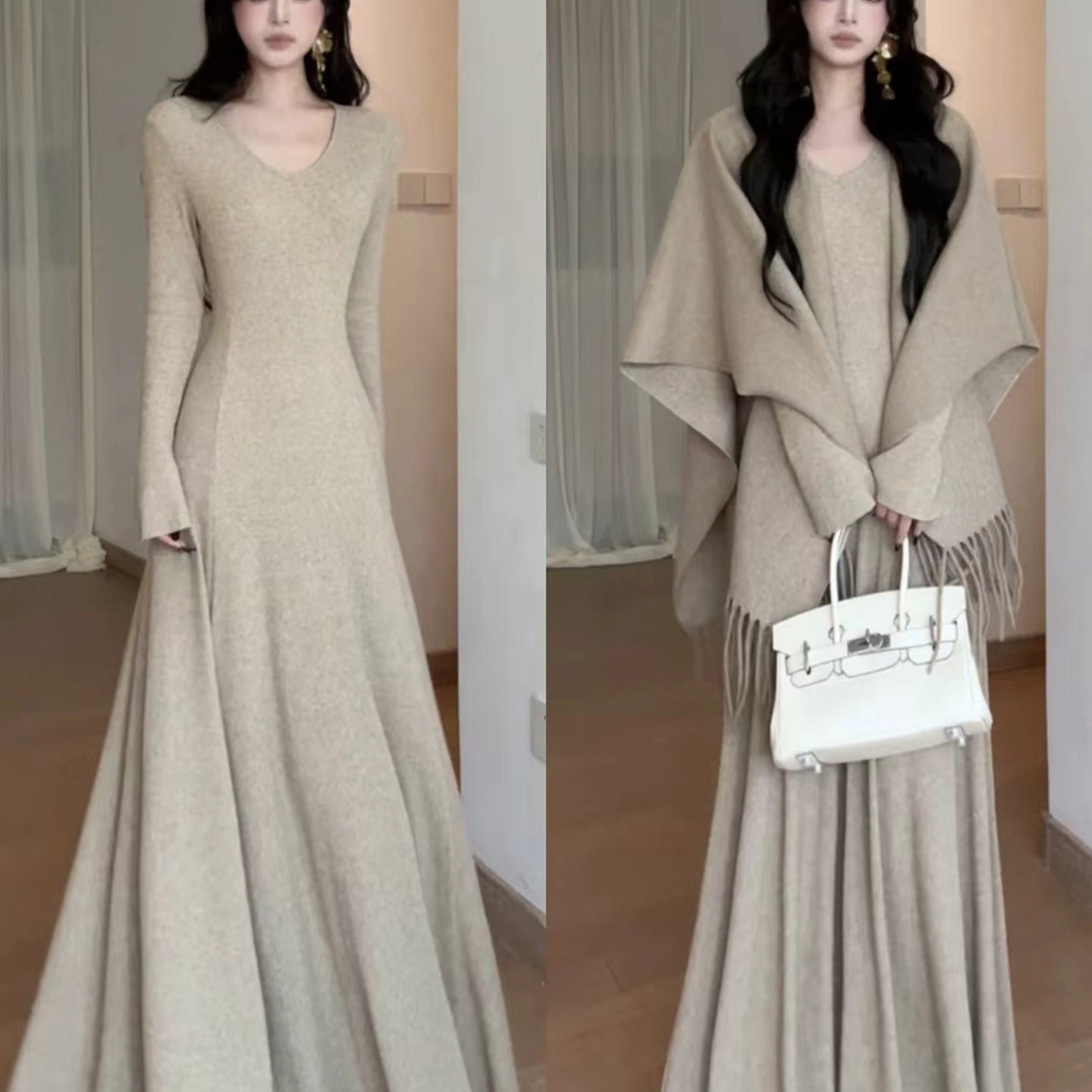 风凉夏针织长袖连衣裙巨好看的秋冬裙子富家千金穿搭收腰显瘦裙子