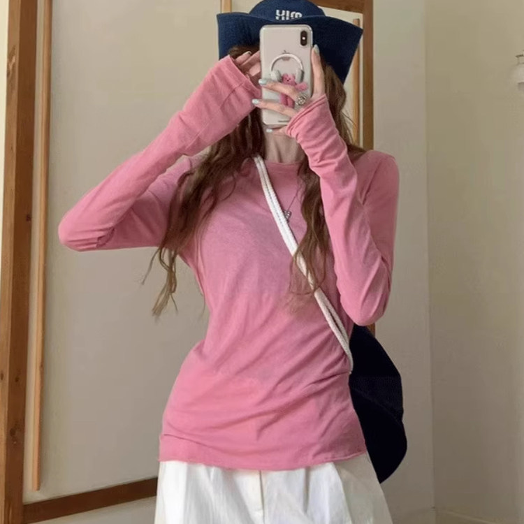 风凉夏韩系粉色微透长袖T恤女2026夏款薄款修身防晒罩衫内搭上衣