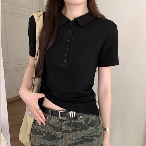 夏季女黑色短袖POLO衫开叉显瘦