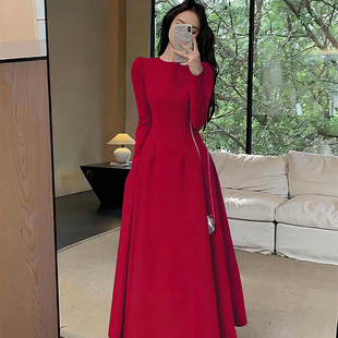 订婚敬酒礼服平时可穿高级感显瘦裙 新款 红色长袖 连衣裙赫本风冬季