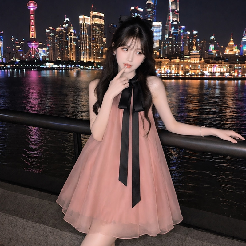 粉黑撞色挂脖蝴蝶结显瘦连衣裙