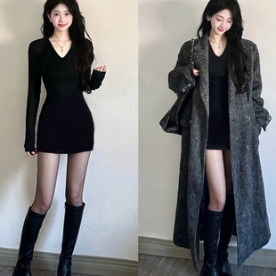 黑色V领包臀连衣裙女秋冬款 纯欲短裙 大衣内搭辣妹紧身显瘦巨好看