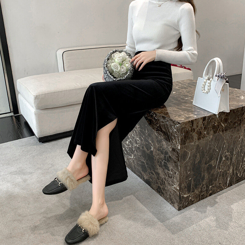 金丝绒长款半身裙高腰显瘦侧开叉复古垂感性感包臀裙修身直筒裙子