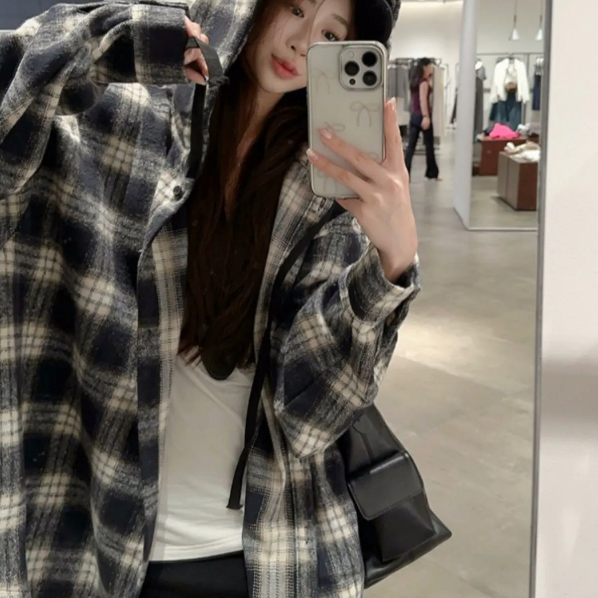 秋冬连帽加厚格子宽松开衫女