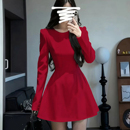法式 连衣裙2025秋冬新款 小个子收腰显瘦高级感裙子 长袖 红色泡泡袖
