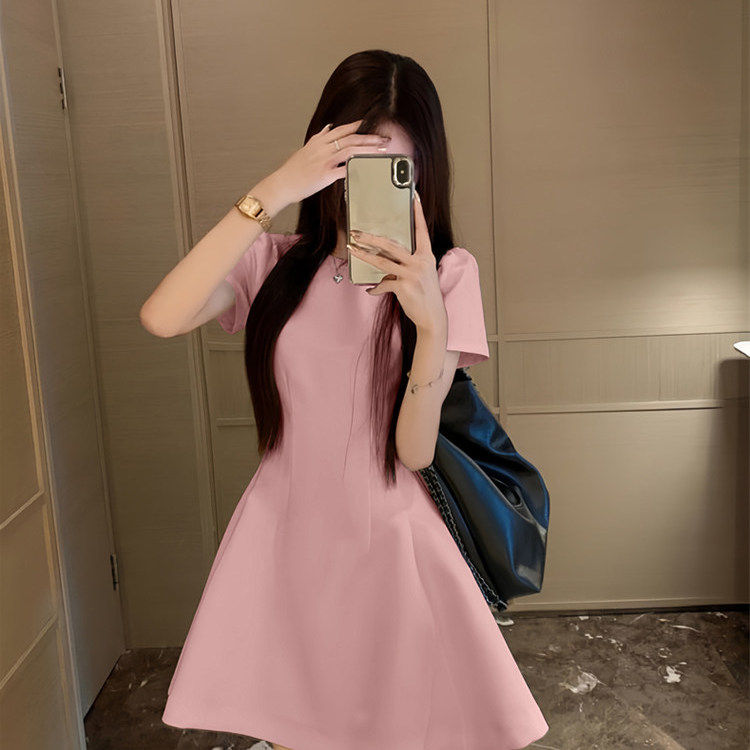 粉色短袖连衣裙子夏季2026新款女法式小个子礼服裙高级感收腰短裙