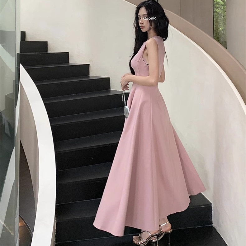 法式粉色V领气质连衣裙2025款高级感无袖背心收腰显瘦内搭外搭裙,女装/女士精品,连衣裙,淘宝优惠券,粉丝福利购,淘宝优惠卷