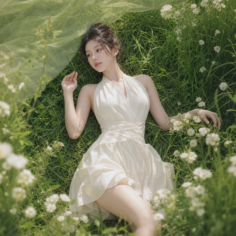 温柔风挂脖无袖连衣裙女2026新款收腰显瘦气质小个子氛围感短裙子