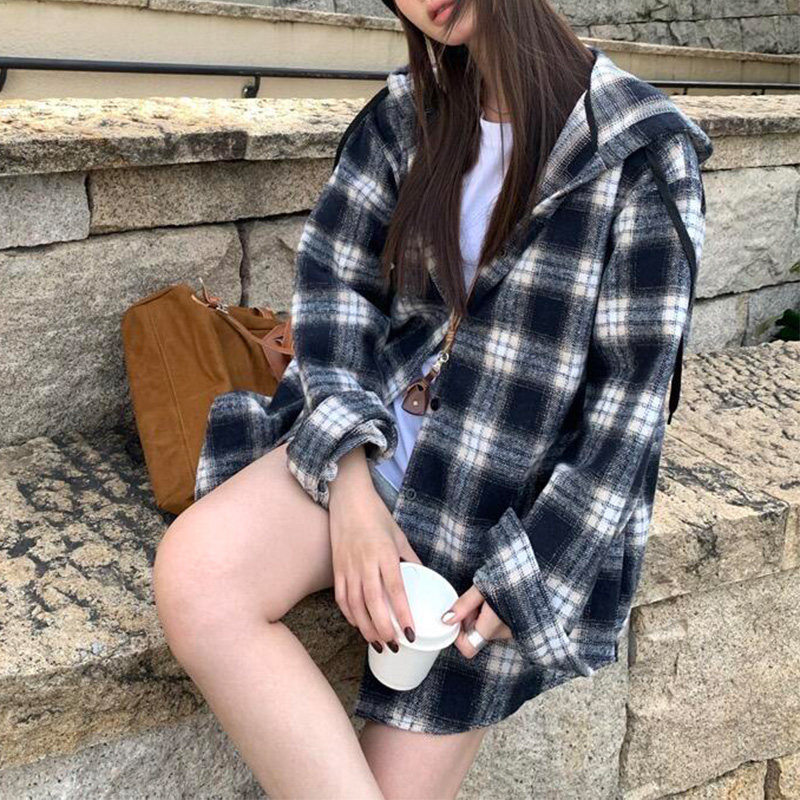 美式复古格子连帽衬衫男女2026冬春新款慵懒风穿搭长袖外套中长款