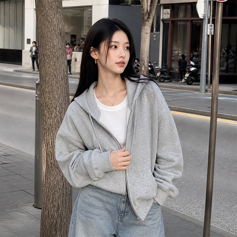 春秋连帽拉链卫衣女宽松显瘦
