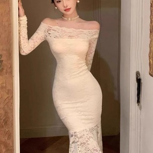 风凉夏纯欲性感一字肩连衣裙2025新款 高级感收腰性感蕾丝包臀长裙