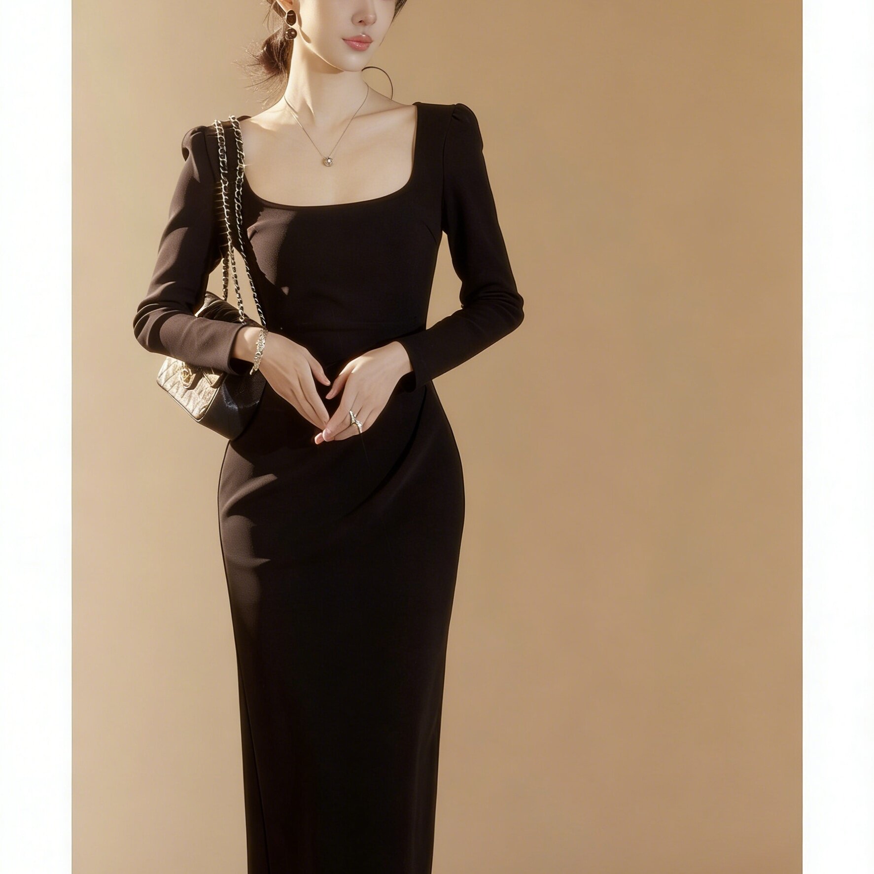 性感法式方领连衣裙女2026夏新款气质高级感订婚礼服包臀连身长裙