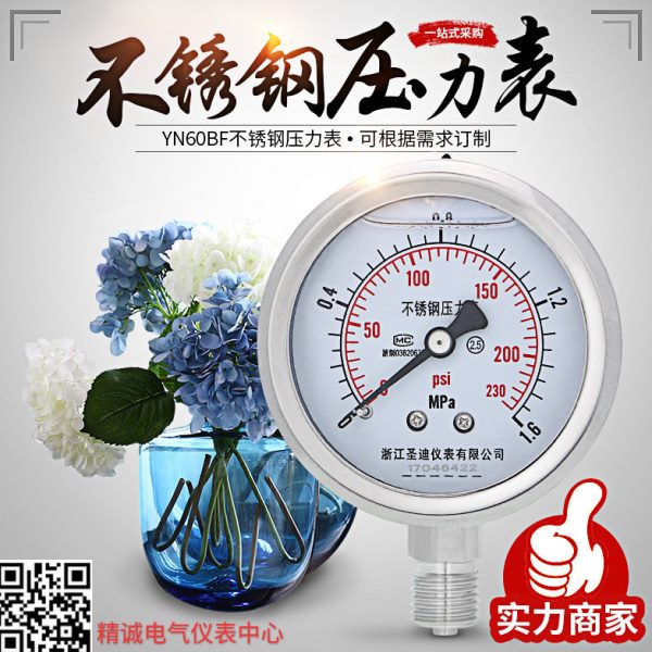 YN60BF不锈钢耐震径向压力表耐腐蚀耐高温真空表M14*1.5 1/4圣迪