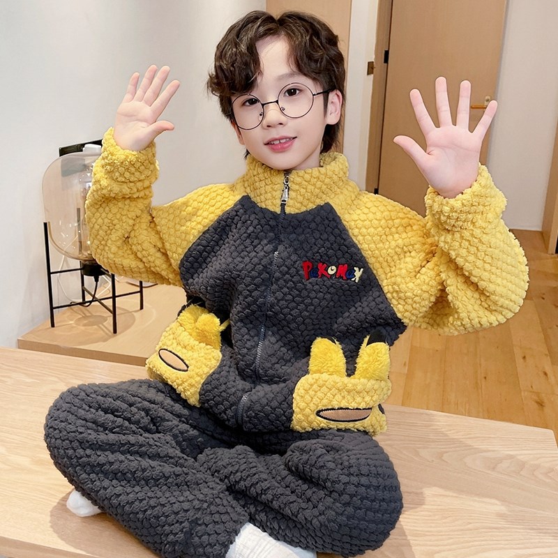 儿童睡衣男孩秋冬加厚珊瑚绒男童冬季加绒法兰绒蜘蛛侠拉链家居服