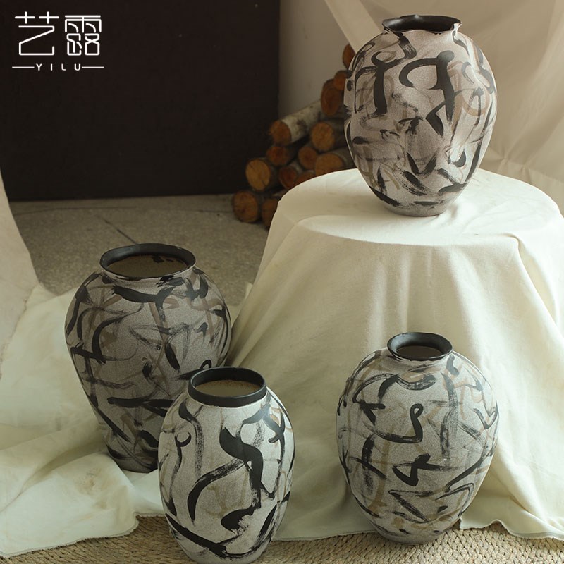 中古花瓶侘寂风手绘陶瓷花瓶高级感景德镇新中式空间花器软装摆件