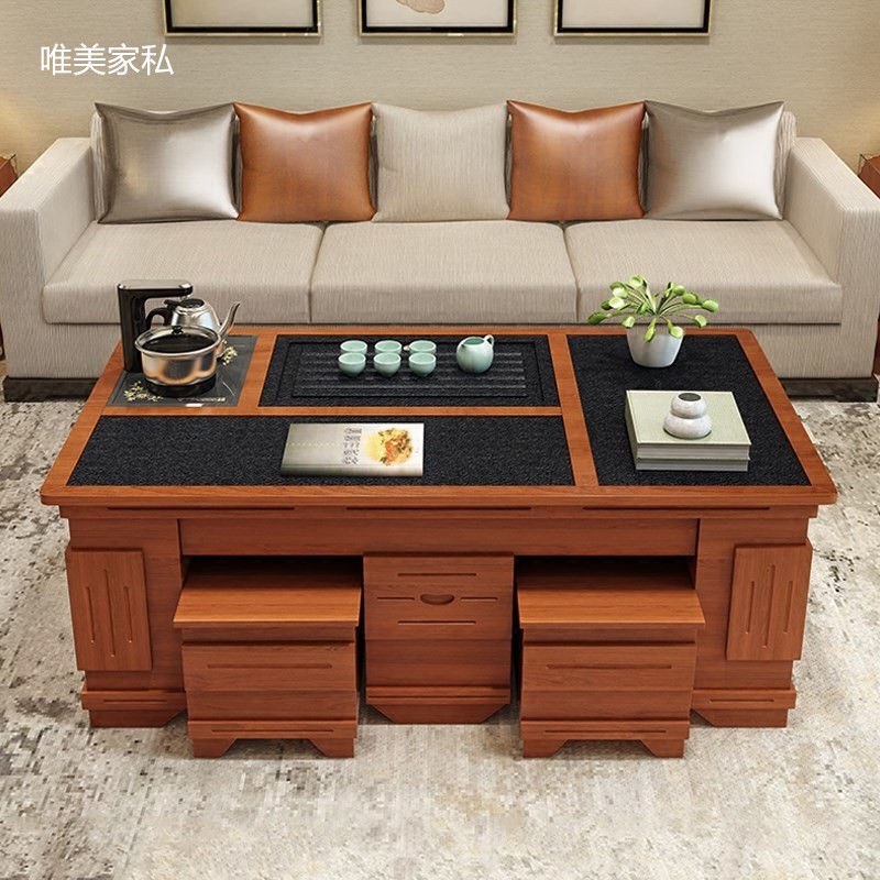 全实木多功能火烧石功夫茶几带茶台茶道办公室茶具套装一体喝茶桌
