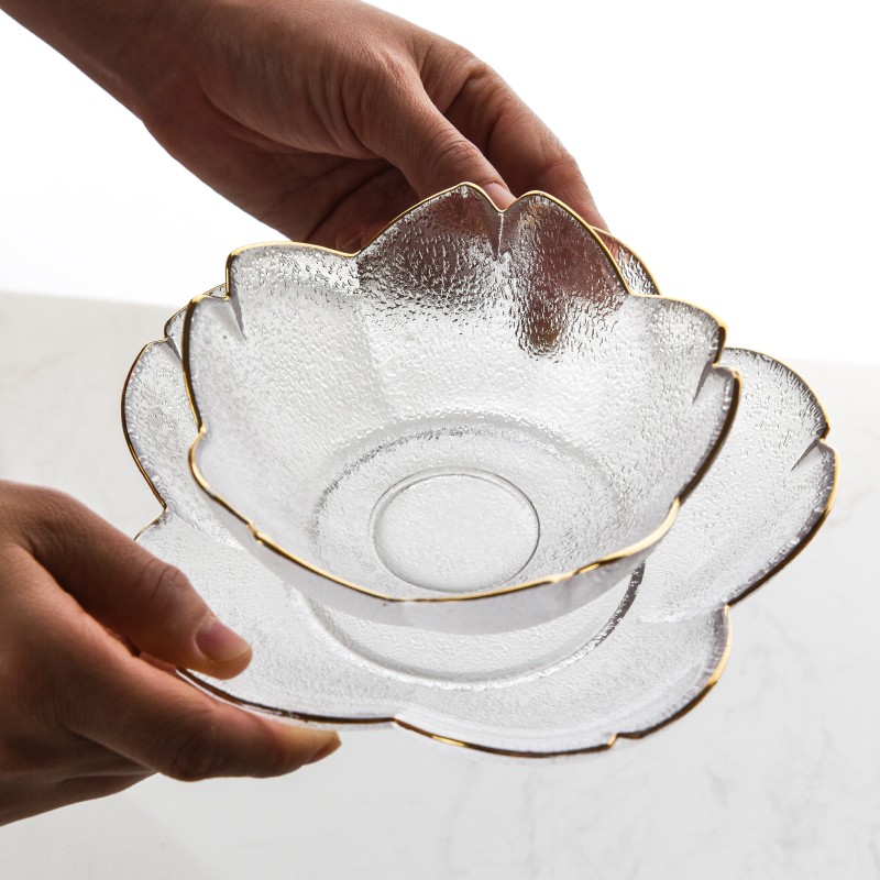 雅佳ins北欧创意樱花水果沙拉碗盘金边玻璃锤目纹甜品碗透明汤碗