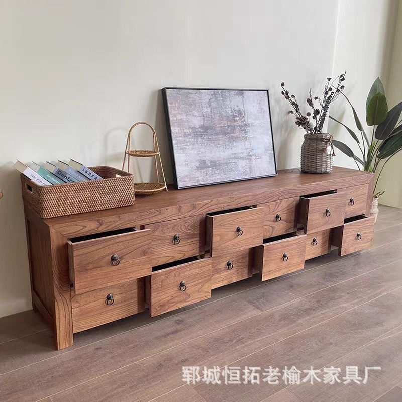 老榆木电视柜家用靠边柜储物柜多格矮柜中式实木视听柜边柜