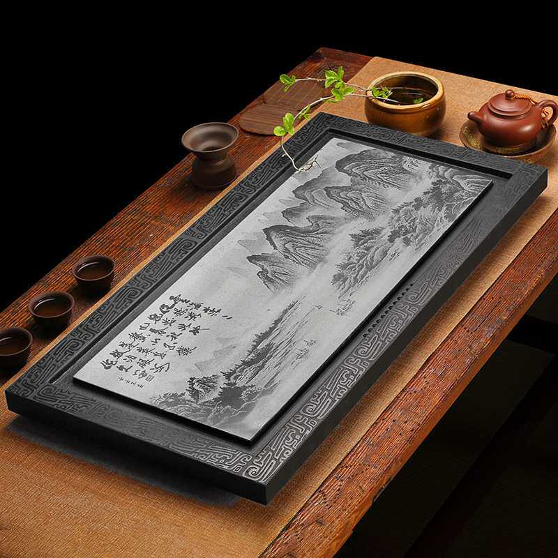 乌金石排水茶盘整块石材长方形茶台家用客厅大号排水影雕茶具茶海
