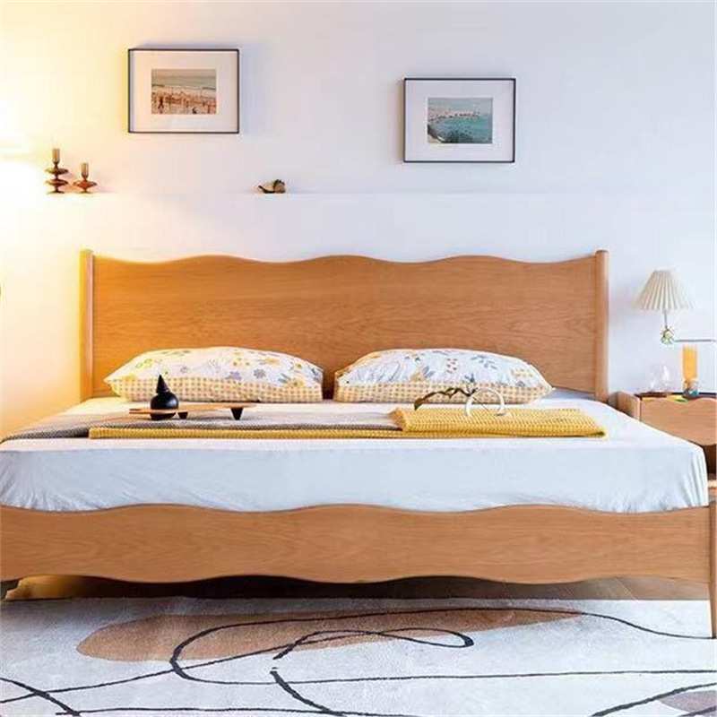 北欧全实木樱桃木双人床现代简约波浪床黑胡桃木卧室全实木儿童床