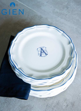 法国进口GIEN手绘蓝色字母盘餐具欧式西餐盘陶瓷圆盘送礼法国制造