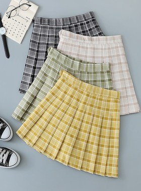 柠檬黄色格子百褶裙女学院风高腰a字显瘦春夏短裙格纹半身裙短款