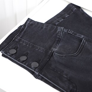 新款深灰黑色排扣收腹高腰微喇磨毛加绒厚牛仔裤加长女裤