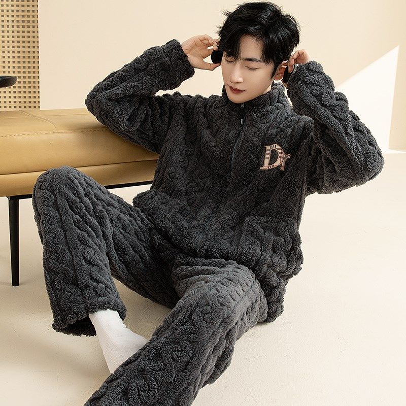 男士睡衣秋款拉链男秋季新款冬季高级感珊瑚绒男款加绒加厚家居服