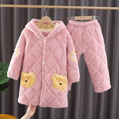 冬季儿童法兰绒睡衣睡袍三层夹棉加厚女童珊瑚绒中大童家居服浴袍