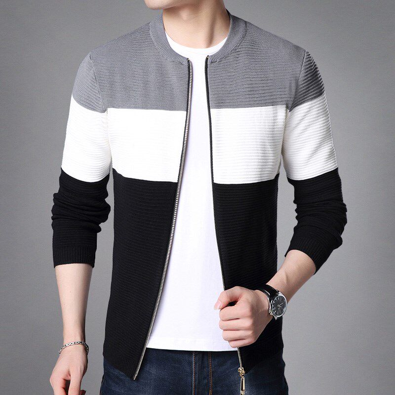 春秋新款男士针织衫薄款拉链开衫条纹线衫外穿线衣圆领长袖毛衣潮