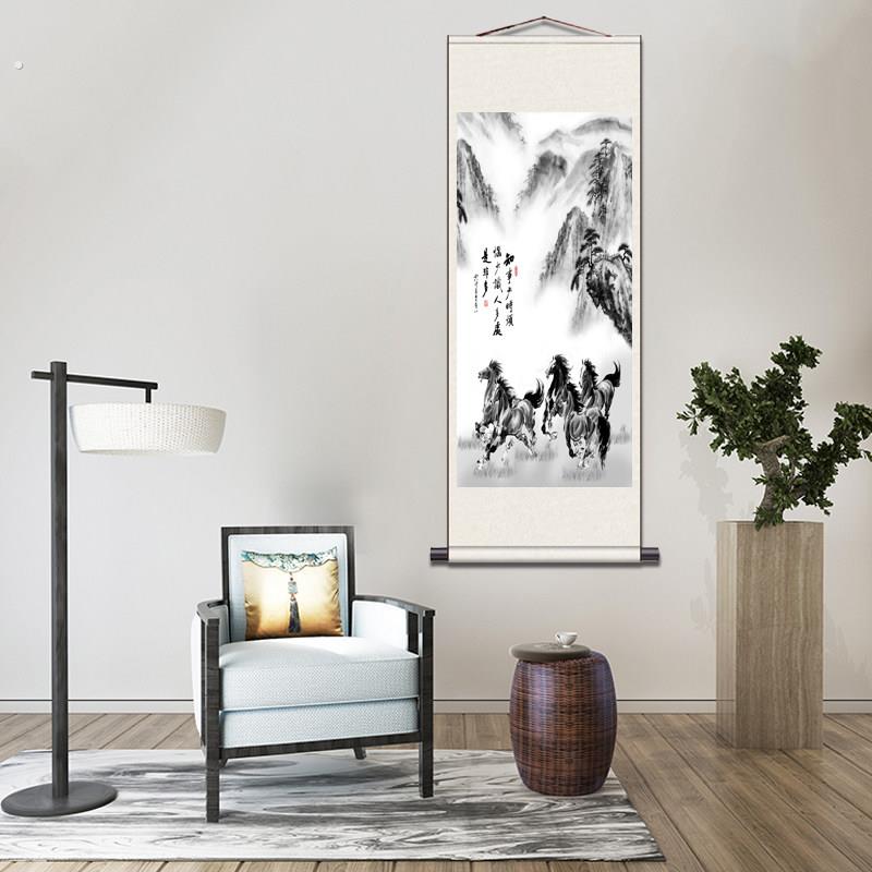 八骏图丝绸卷轴画 马到成功国画国画