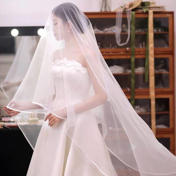 张馨予同款婚纱头纱新娘头饰超仙森系缎面轻纱配饰一片式长拖尾