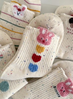 网红女毛绒小兔秋冬中筒袜ins潮韩国可爱甜美卡通长袜小碎花