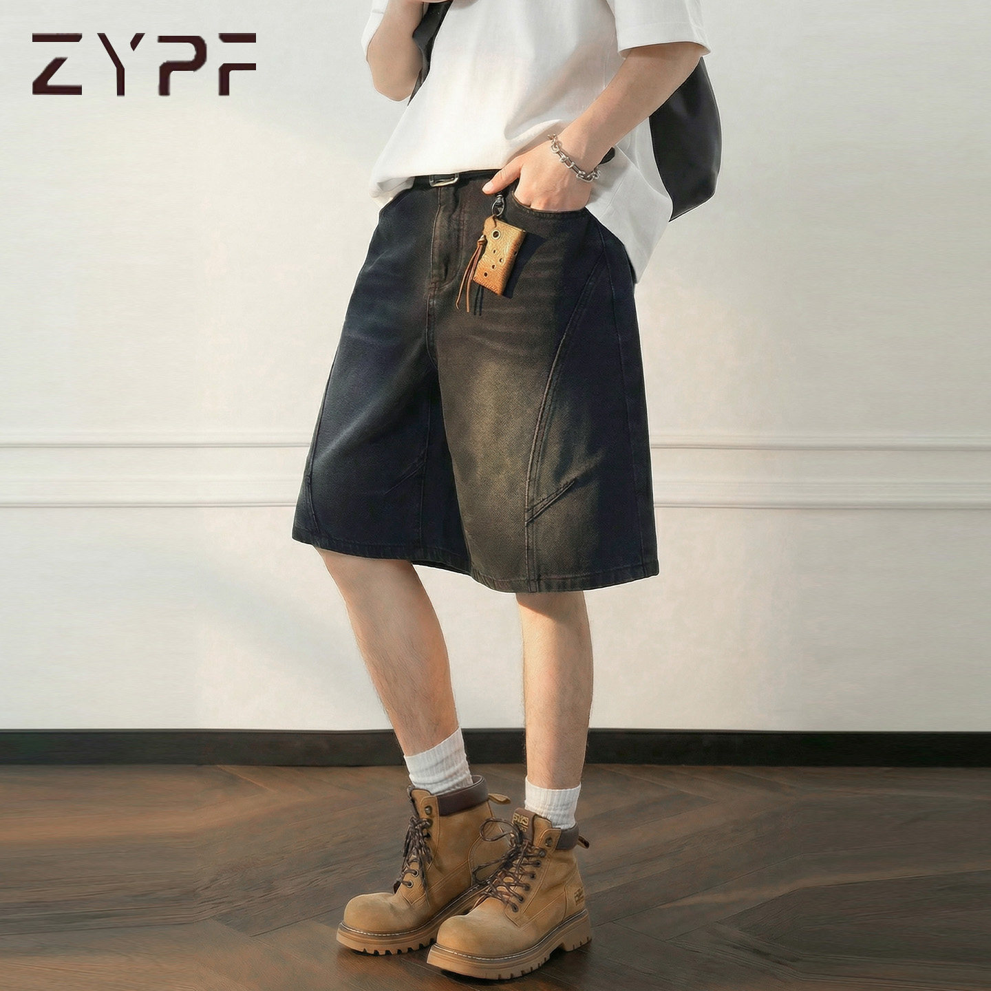 只要平凡日系复古做旧牛仔短裤男女春夏潮牌宽松直筒休闲五分裤子